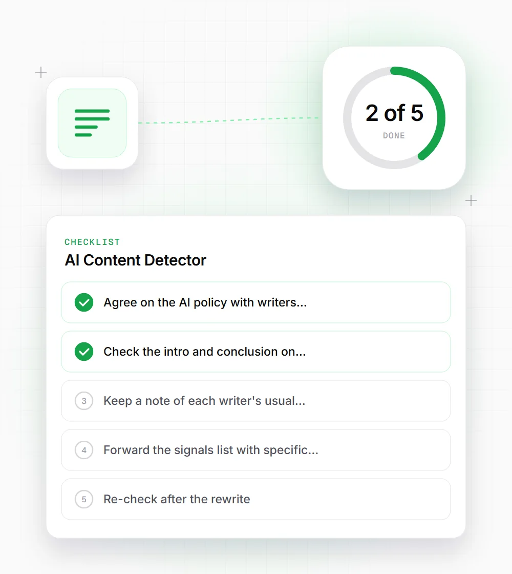 AI Content Detector tips illustration: a checklist card that starts with "Agree on the AI policy with writers" and "Check the intro and conclusion on"