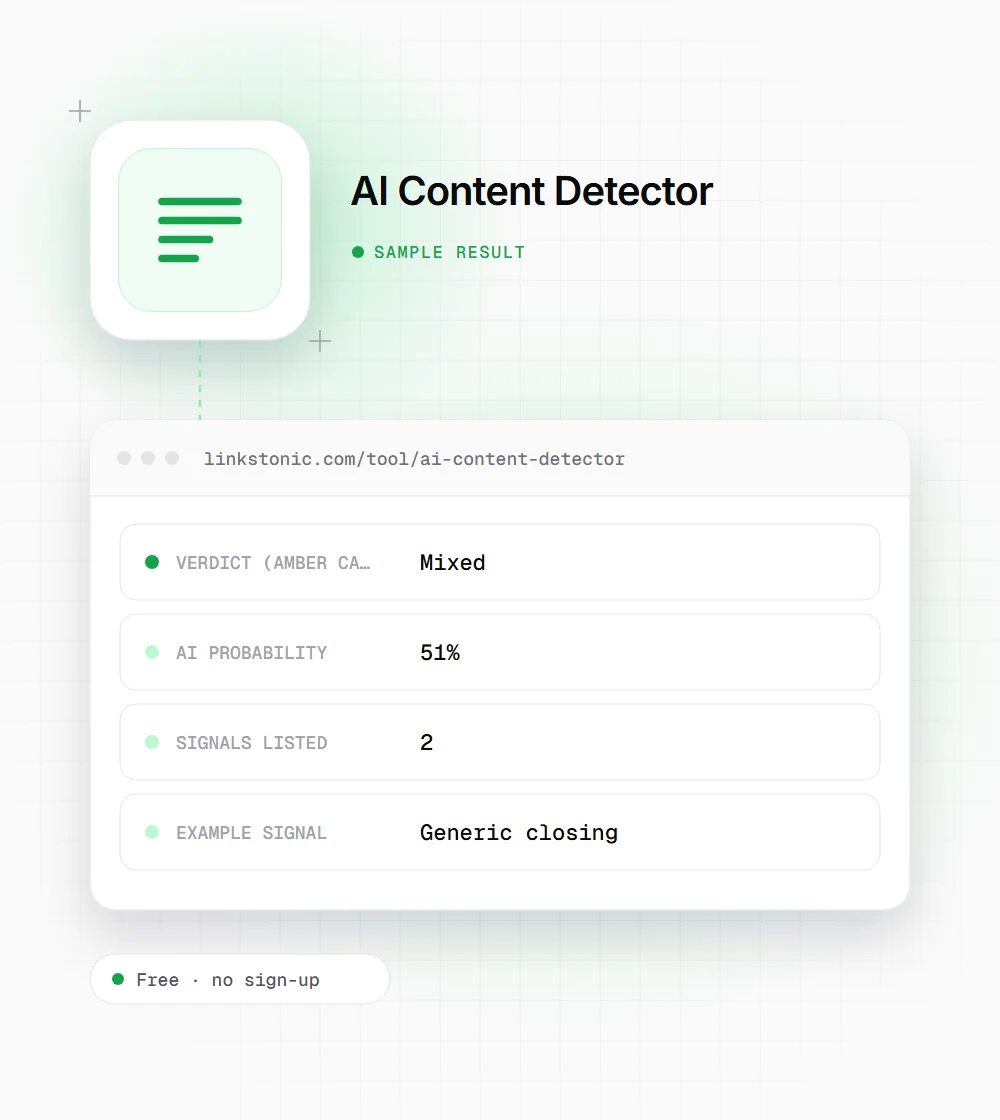 AI Content Detector illustration: a document icon next to a sample result card with verdict and AI probability rows