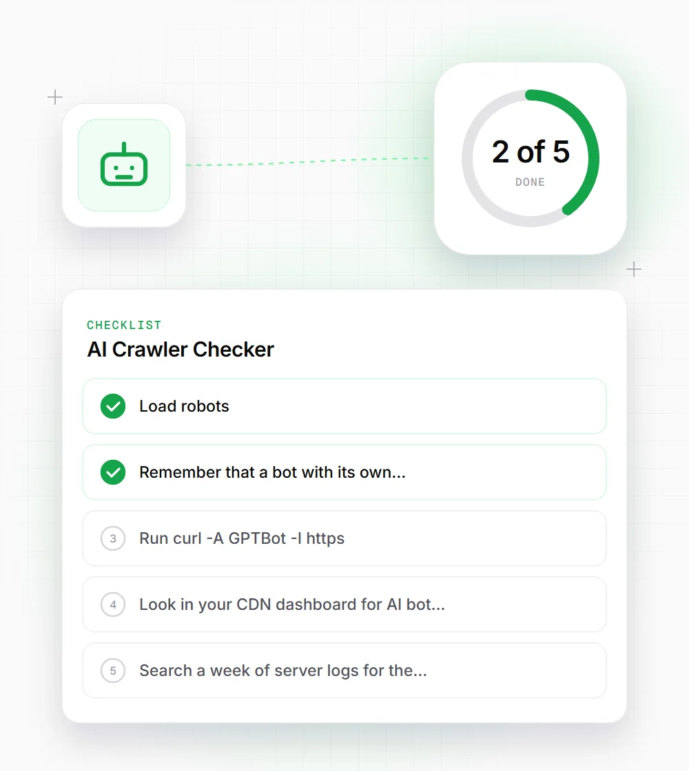 AI Crawler Checker tips illustration: a checklist card that starts with "Load robots" and "Remember that a bot with its own"