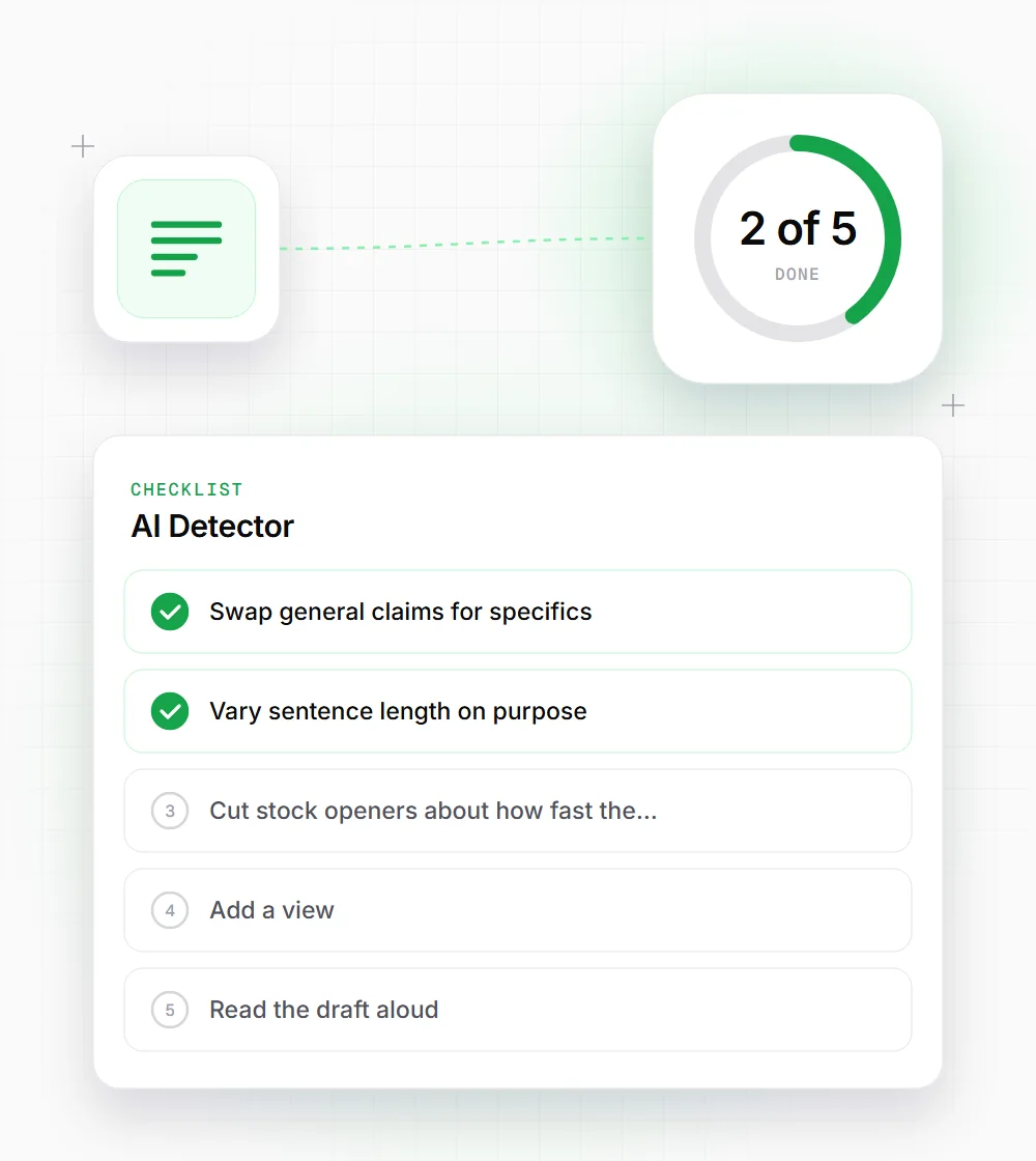 AI Detector tips illustration: a checklist card that starts with "Swap general claims for specifics" and "Vary sentence length on purpose"