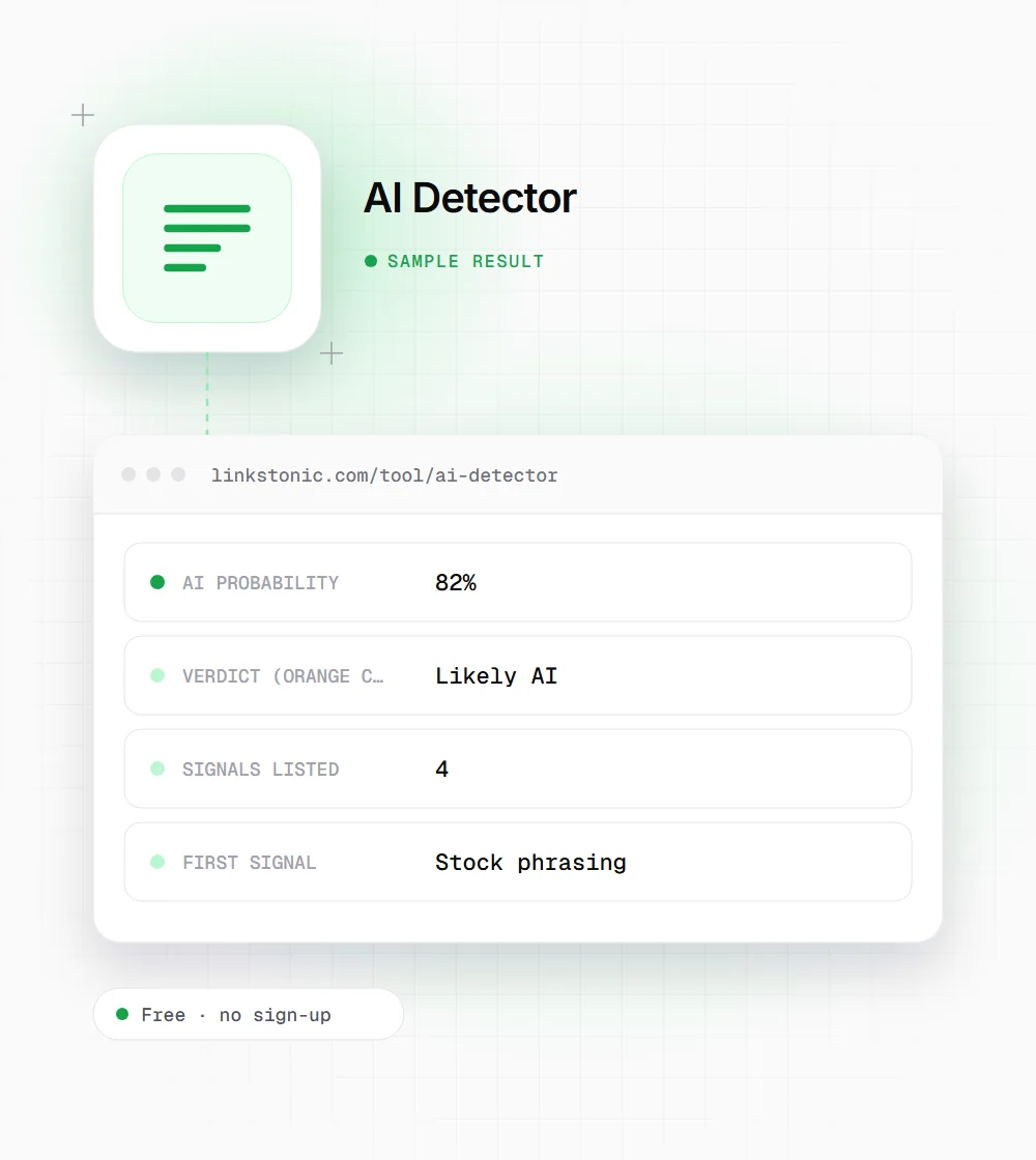 AI Detector illustration: a document icon next to a sample result card with AI probability and verdict rows