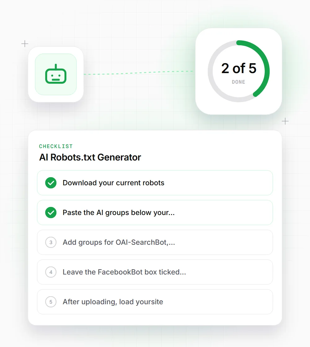 AI Robots.txt Generator tips illustration: a checklist card that starts with "Download your current robots" and "Paste the AI groups below your"