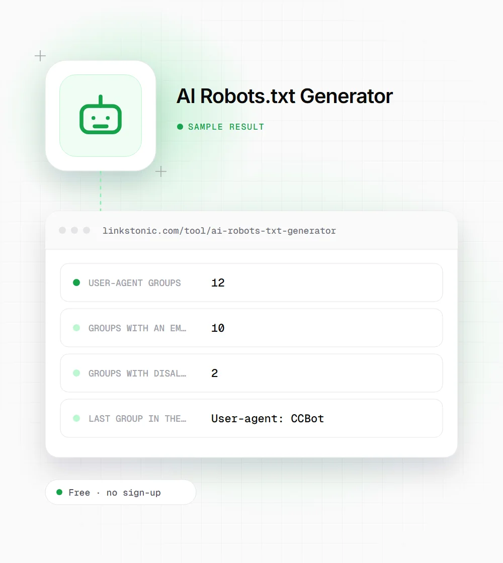 AI Robots.txt Generator illustration: a robot icon next to a sample result card with user-agent groups and groups with an empty Disallow: rows