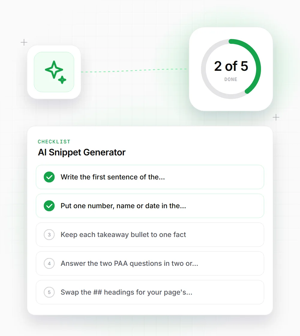 AI Snippet Generator tips illustration: a checklist card that starts with "Write the first sentence of the" and "Put one number, name or date in the"