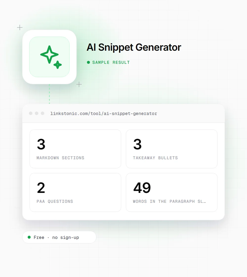 AI Snippet Generator illustration: a sparkle icon next to a sample result card showing 3 markdown sections and 3 takeaway bullets