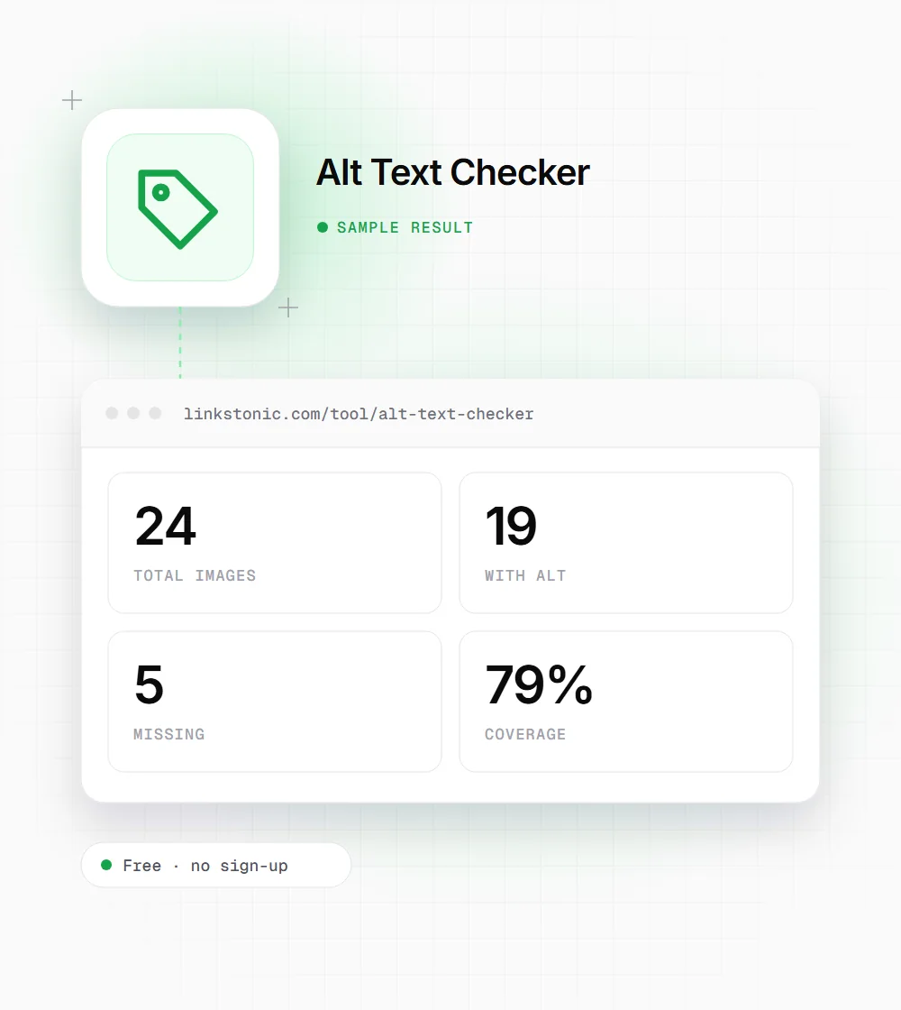 Alt Text Checker illustration: a tag icon next to a sample result card showing 24 total images and 19 with alt