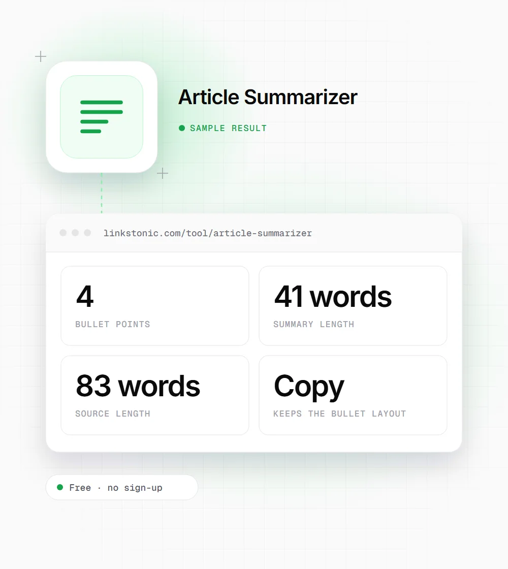 Article Summarizer illustration: a document icon next to a sample result card showing 4 bullet points and 41 words summary length