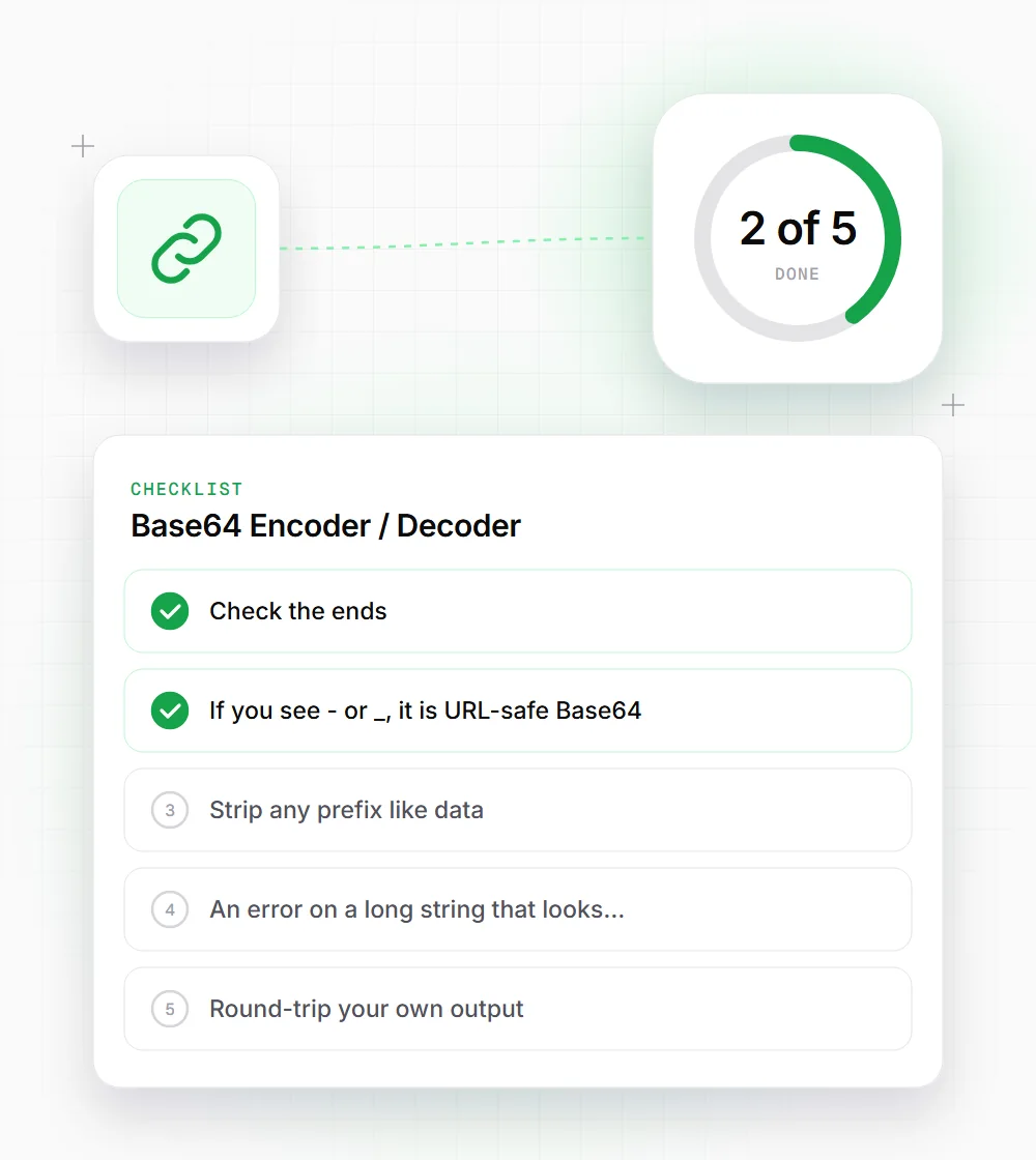Base64 Encoder / Decoder tips illustration: a checklist card that starts with "Check the ends" and "If you see - or _, it is URL-safe Base64"
