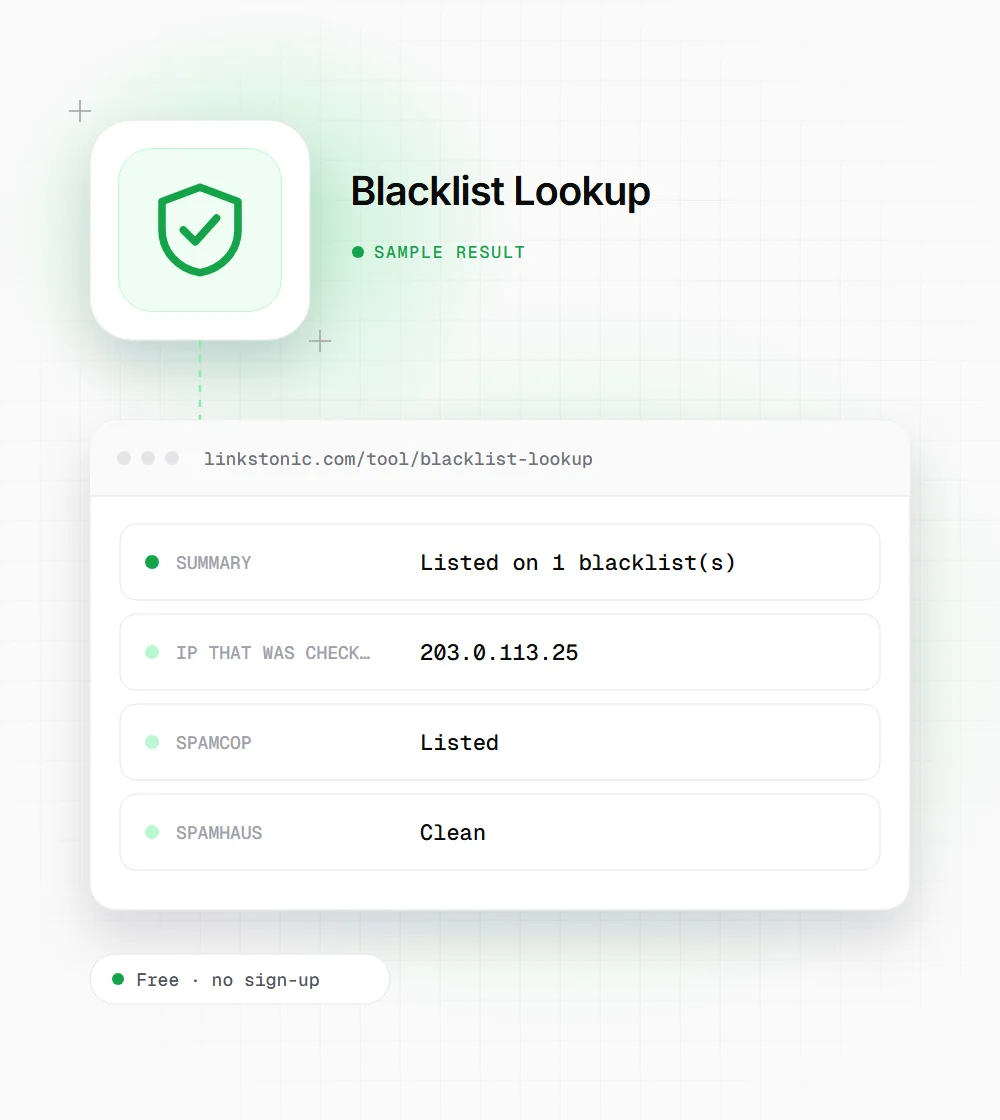 Blacklist Lookup illustration: a shield icon next to a sample result card with summary and IP that was checked rows