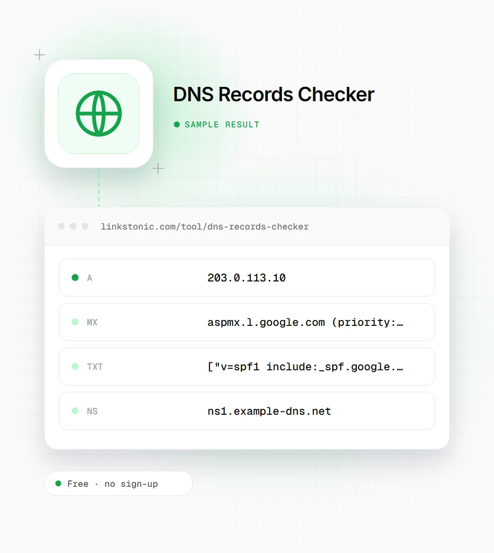 DNS Records Checker illustration: a globe icon next to a sample result card with A and MX rows