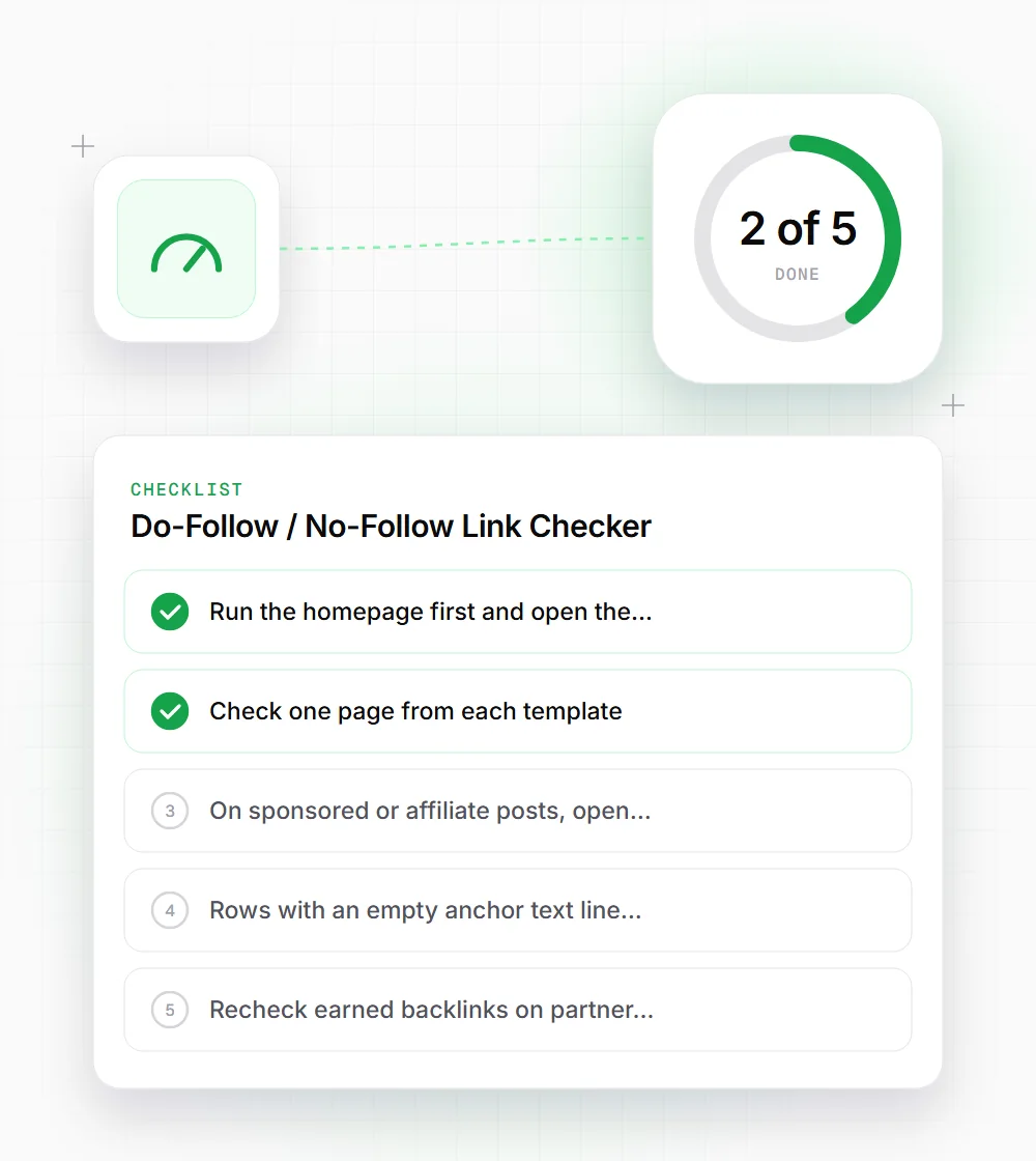 Do-Follow / No-Follow Link Checker tips illustration: a checklist card that starts with "Run the homepage first and open the" and "Check one page from each template"