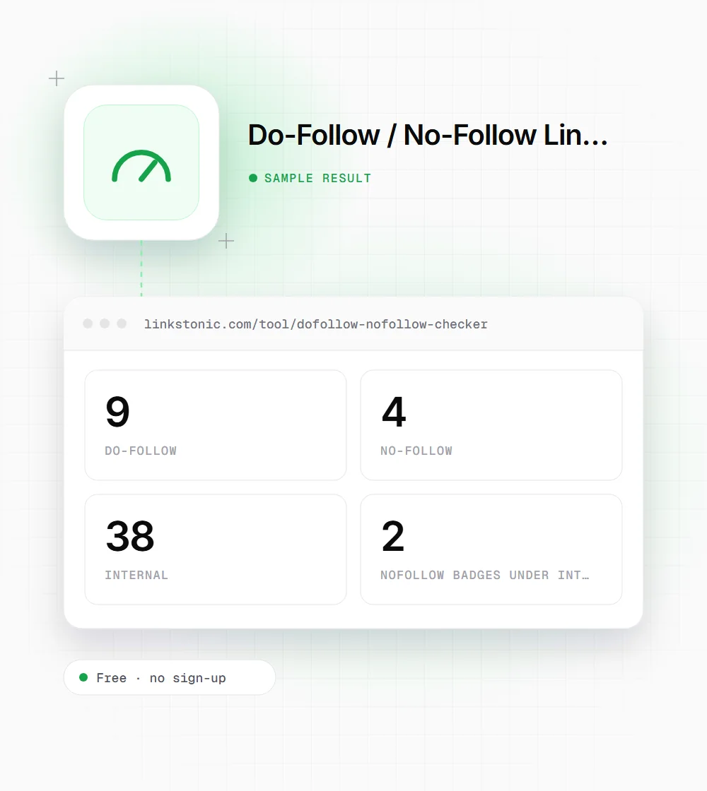 Do-Follow / No-Follow Link Checker illustration: a gauge icon next to a sample result card showing 9 do-Follow and 4 no-Follow