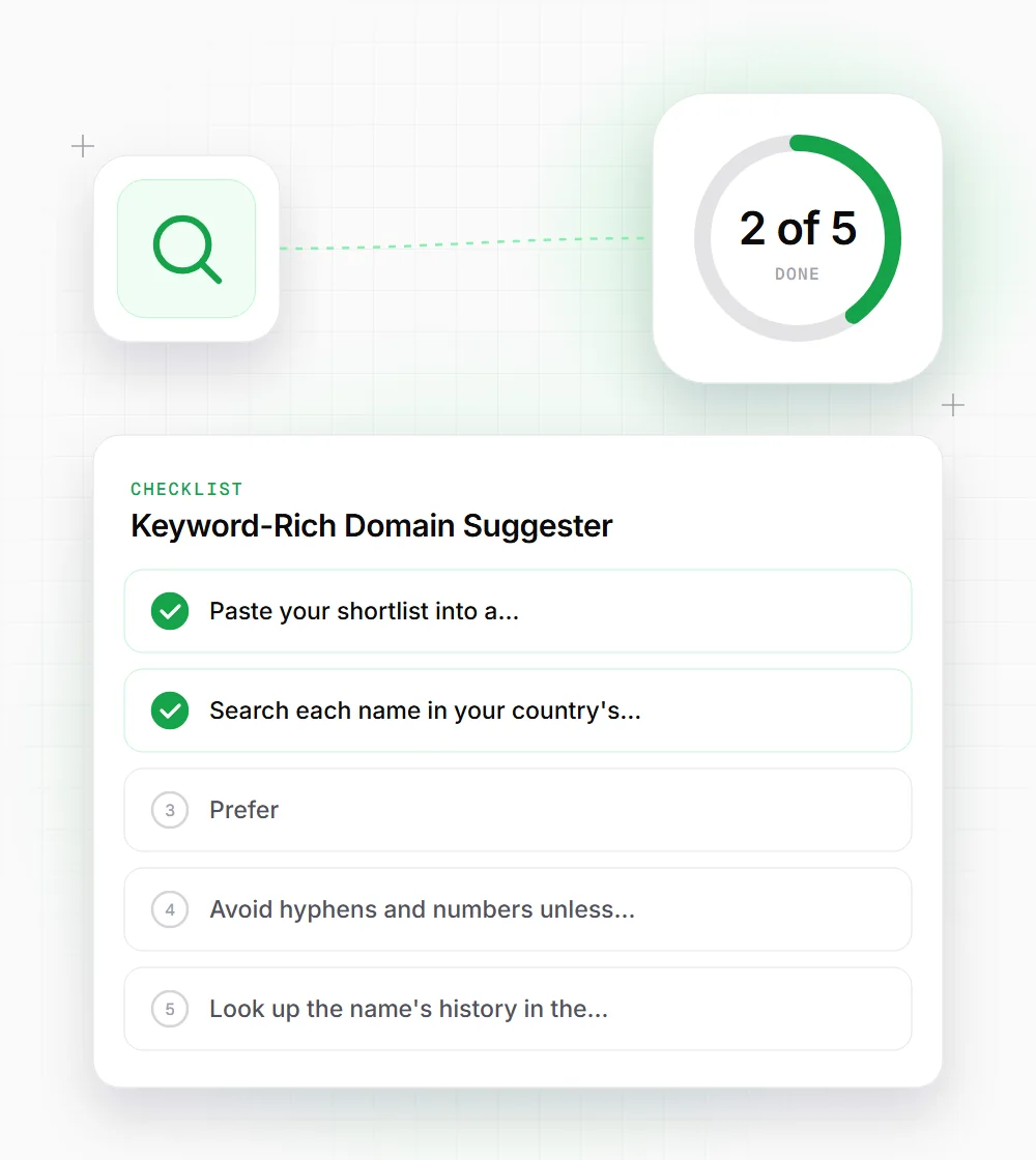 Keyword-Rich Domain Suggester tips illustration: a checklist card that starts with "Paste your shortlist into a" and "Search each name in your country's"