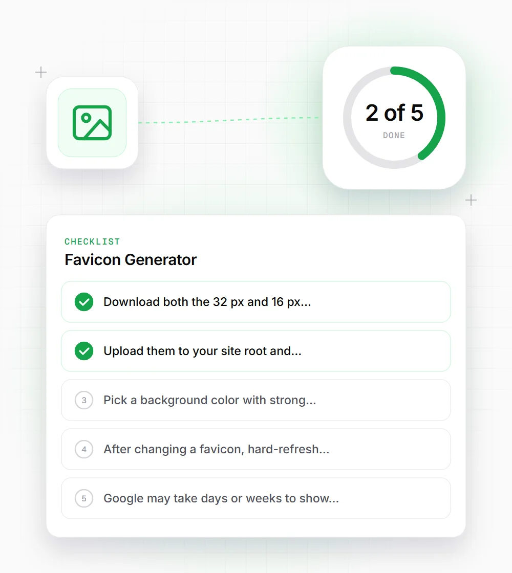 Favicon Generator tips illustration: a checklist card that starts with "Download both the 32 px and 16 px" and "Upload them to your site root and"