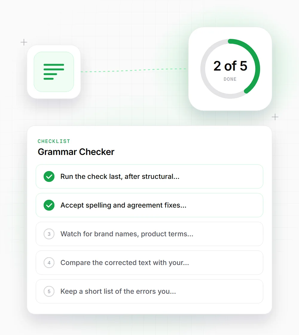 Grammar Checker tips illustration: a checklist card that starts with "Run the check last, after structural" and "Accept spelling and agreement fixes"