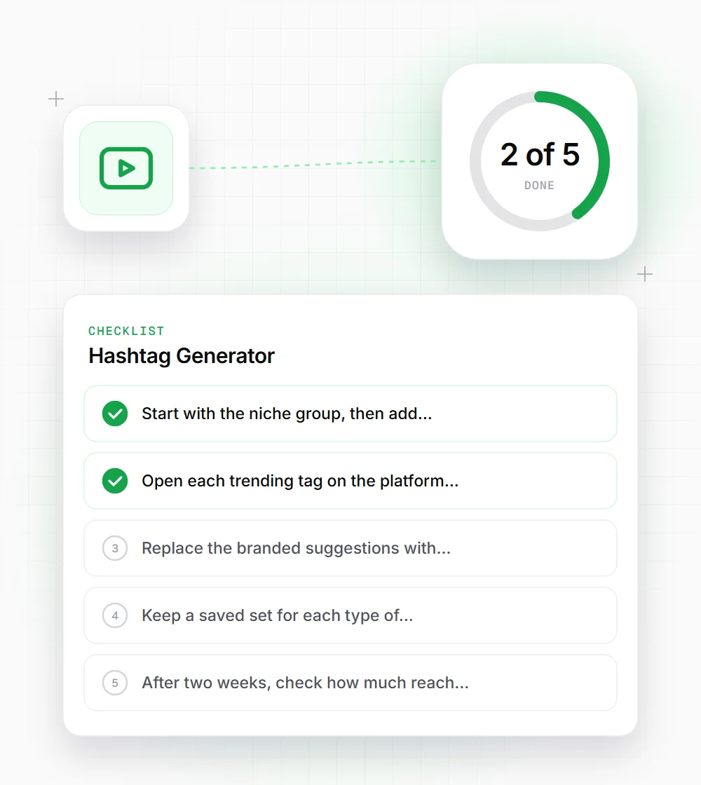 Hashtag Generator tips illustration: a checklist card that starts with "Start with the niche group, then add" and "Open each trending tag on the platform"