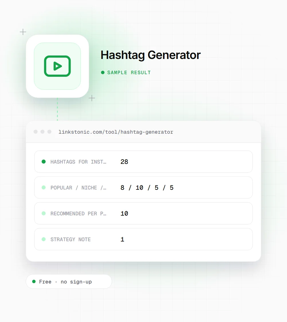 Hashtag Generator illustration: a video icon next to a sample result card with hashtags for instagram and popular / niche / branded / trending rows