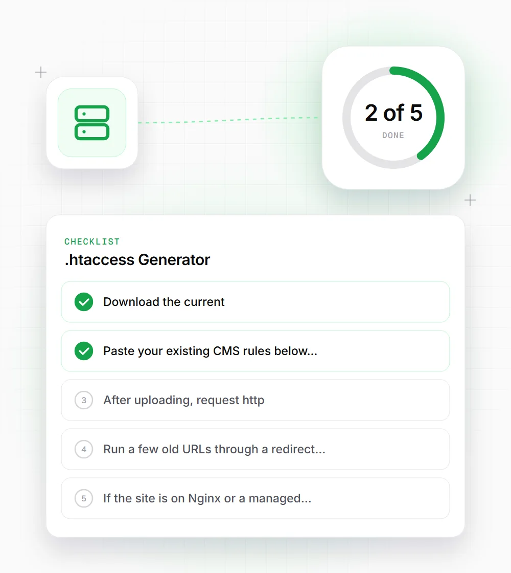 .htaccess Generator tips illustration: a checklist card that starts with "Download the current" and "Paste your existing CMS rules below"