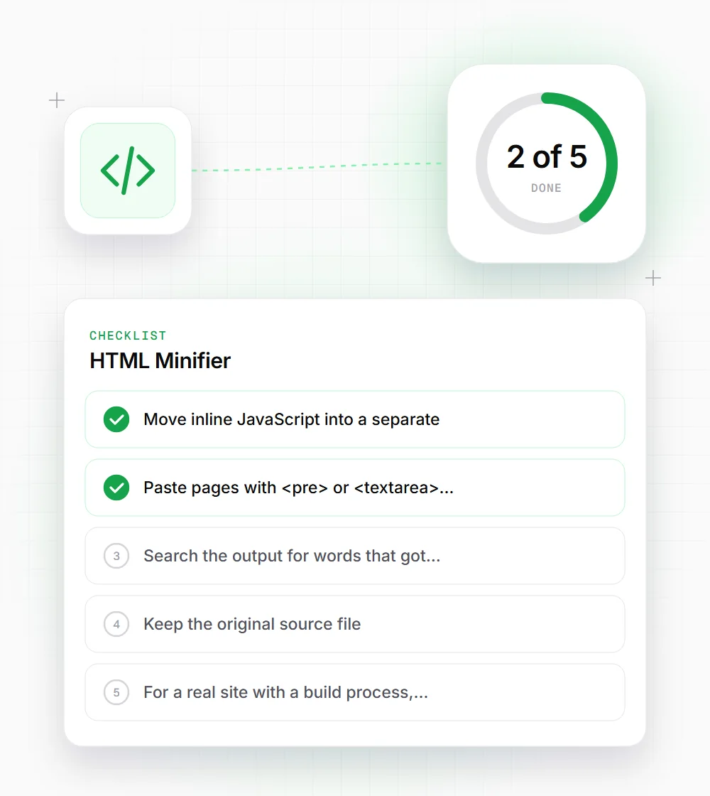 HTML Minifier tips illustration: a checklist card that starts with "Move inline JavaScript into a separate" and "Paste pages with <pre> or <textarea>"
