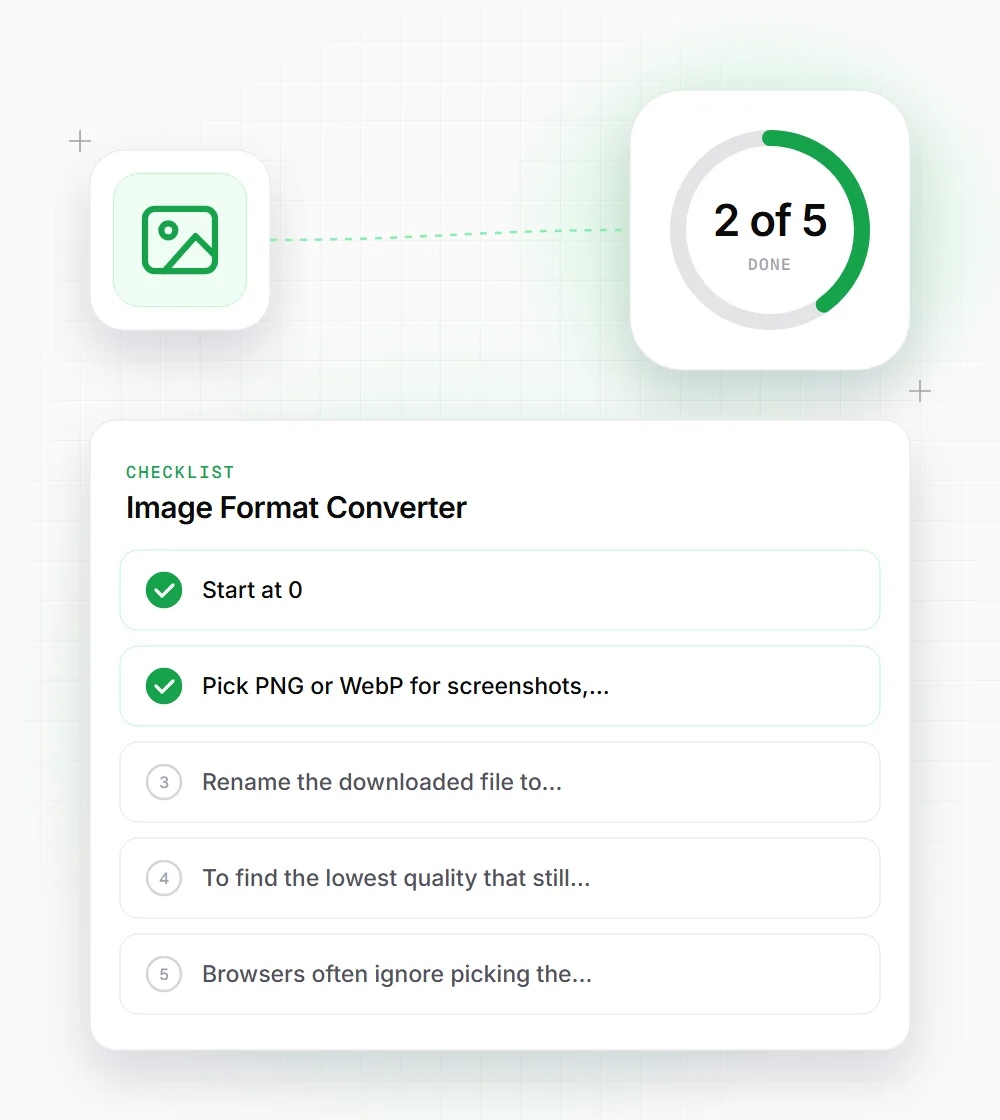 Image Format Converter tips illustration: a checklist card that starts with "Start at 0" and "Pick PNG or WebP for screenshots,"