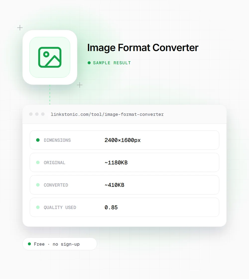 Image Format Converter illustration: a image icon next to a sample result card with dimensions and original rows