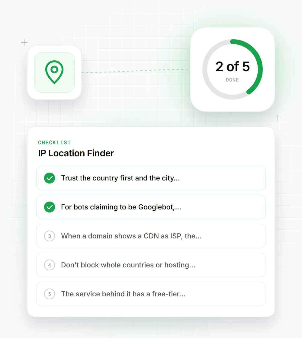 IP Location Finder tips illustration: a checklist card that starts with "Trust the country first and the city" and "For bots claiming to be Googlebot,"