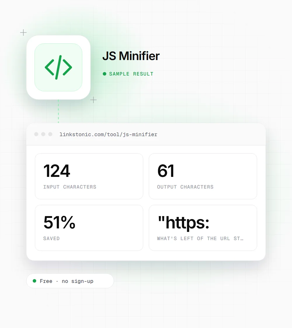 JS Minifier illustration: a code icon next to a sample result card showing 124 input characters and 61 output characters