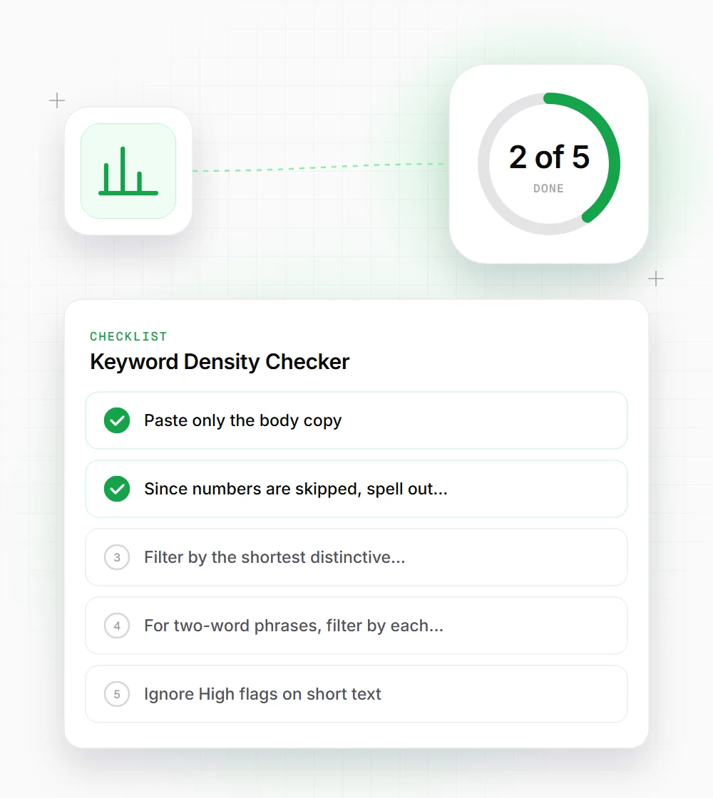 Keyword Density Checker tips illustration: a checklist card that starts with "Paste only the body copy" and "Since numbers are skipped, spell out"