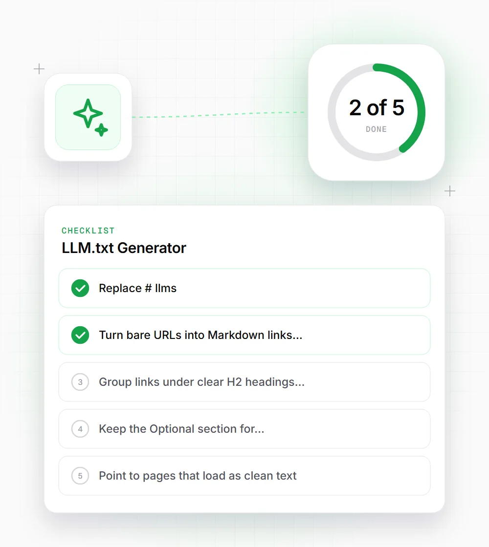 LLM.txt Generator tips illustration: a checklist card that starts with "Replace # llms" and "Turn bare URLs into Markdown links"