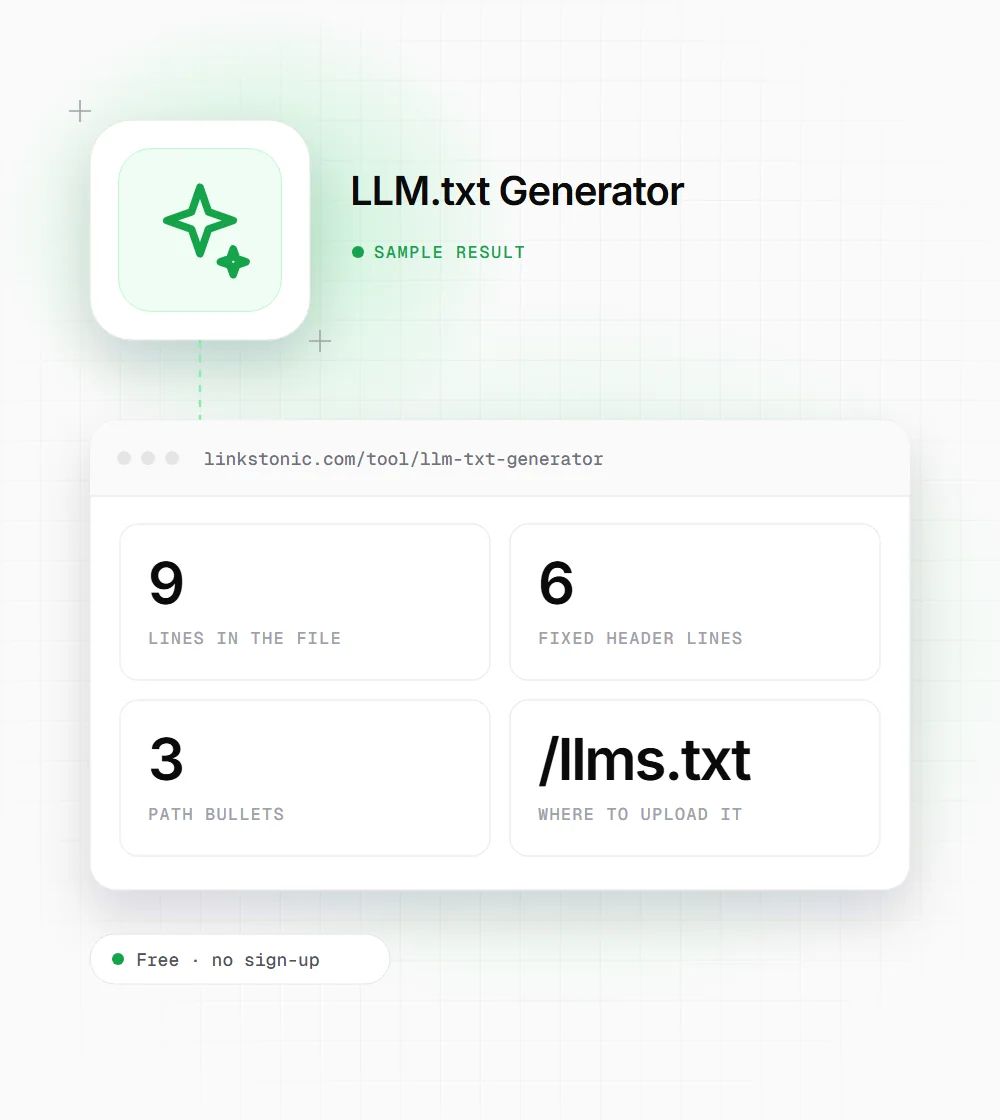 LLM.txt Generator illustration: a sparkle icon next to a sample result card showing 9 lines in the file and 6 fixed header lines