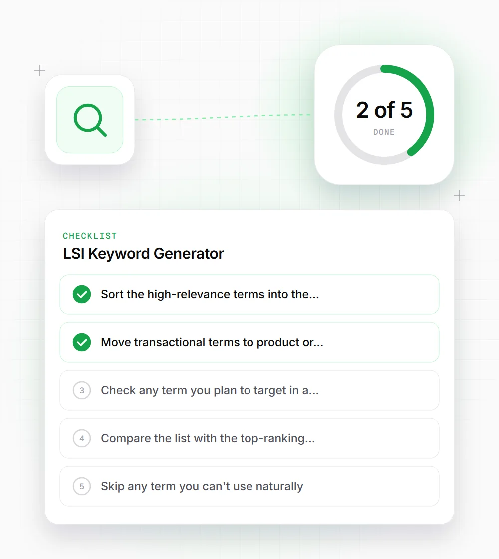 LSI Keyword Generator tips illustration: a checklist card that starts with "Sort the high-relevance terms into the" and "Move transactional terms to product or"