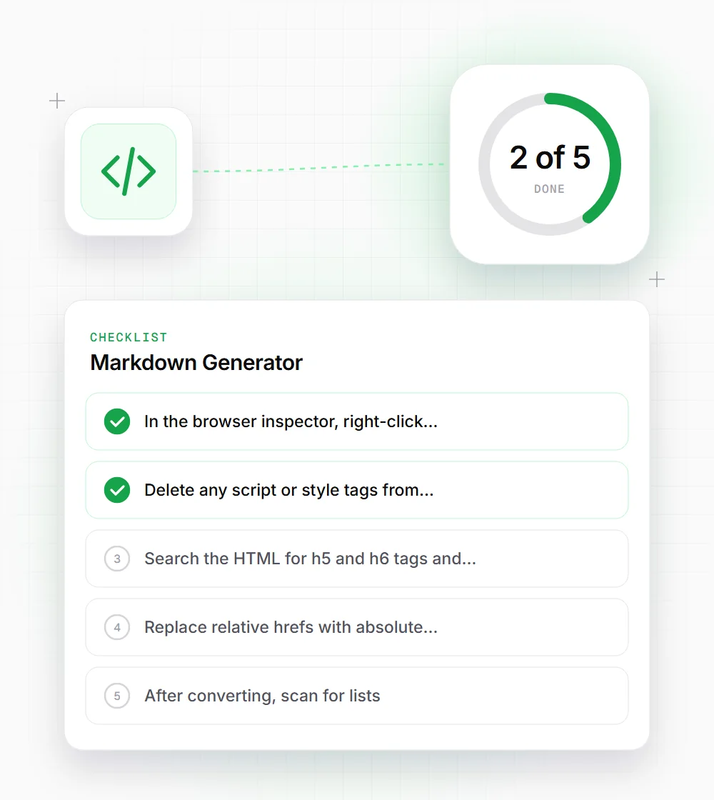 Markdown Generator tips illustration: a checklist card that starts with "In the browser inspector, right-click" and "Delete any script or style tags from"