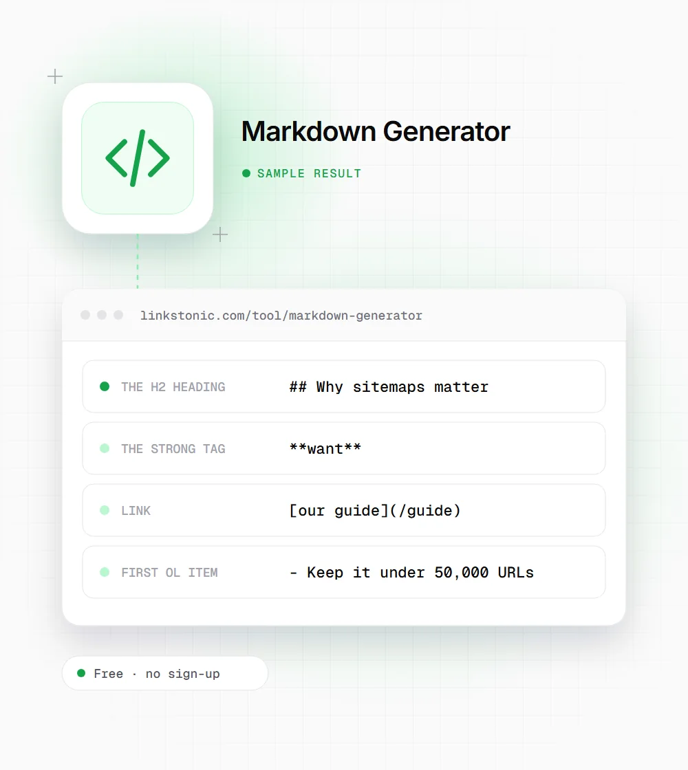 Markdown Generator illustration: a code icon next to a sample result card with the h2 heading and the strong tag rows