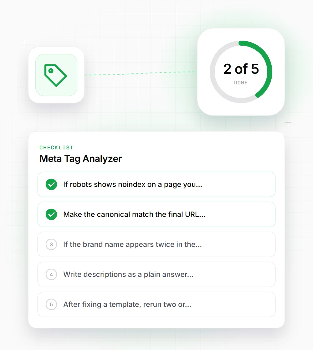 Meta Tag Analyzer tips illustration: a checklist card that starts with "If robots shows noindex on a page you" and "Make the canonical match the final URL"