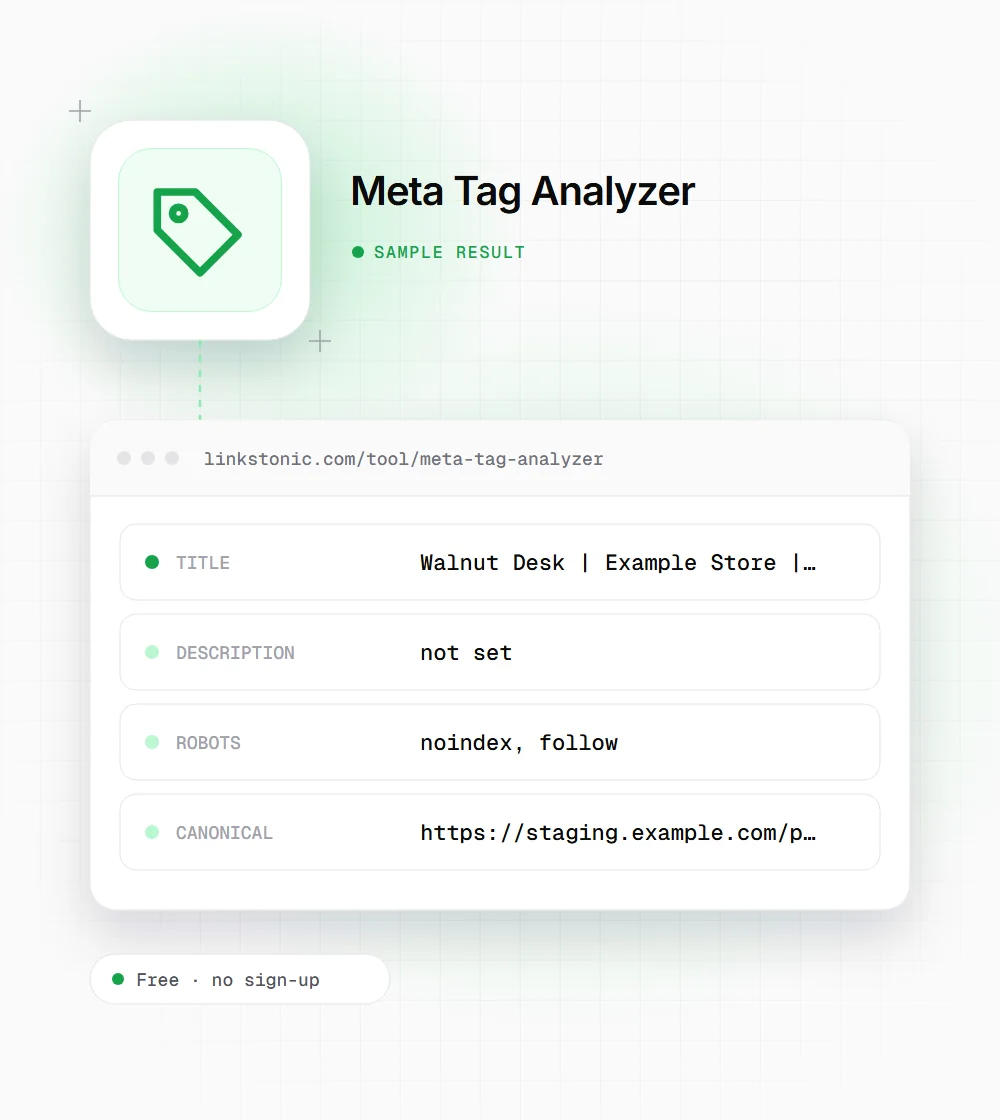 Meta Tag Analyzer illustration: a tag icon next to a sample result card with title and description rows