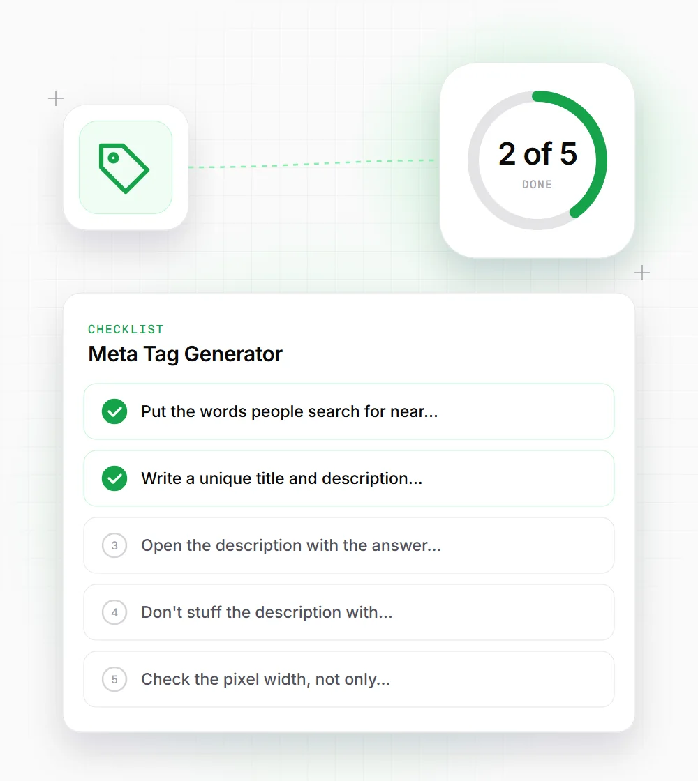 Meta Tag Generator tips illustration: a checklist card that starts with "Put the words people search for near" and "Write a unique title and description"