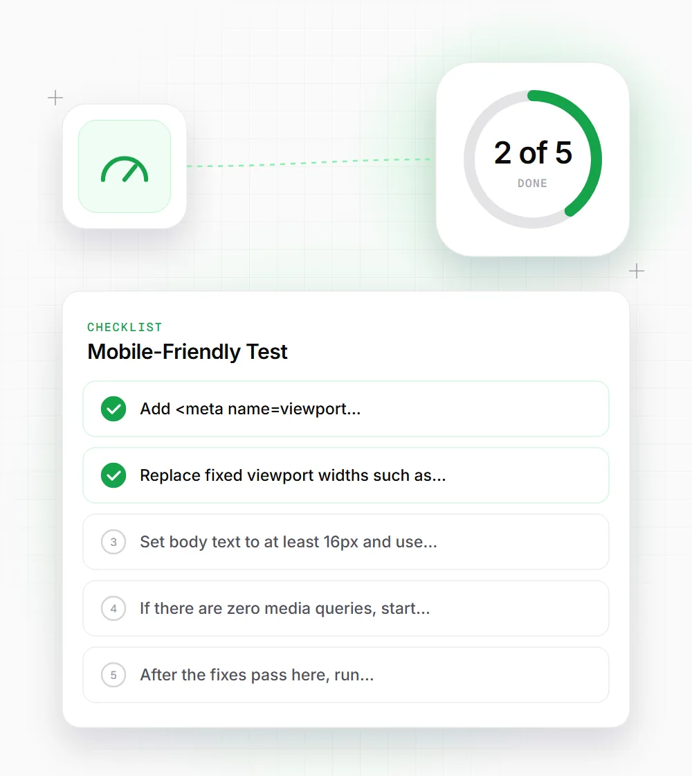 Mobile-Friendly Test tips illustration: a checklist card that starts with "Add <meta name=viewport" and "Replace fixed viewport widths such as"