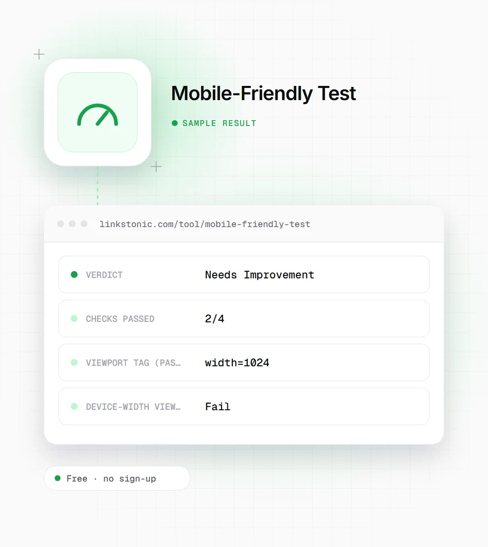 Mobile-Friendly Test illustration: a gauge icon next to a sample result card with verdict and checks passed rows