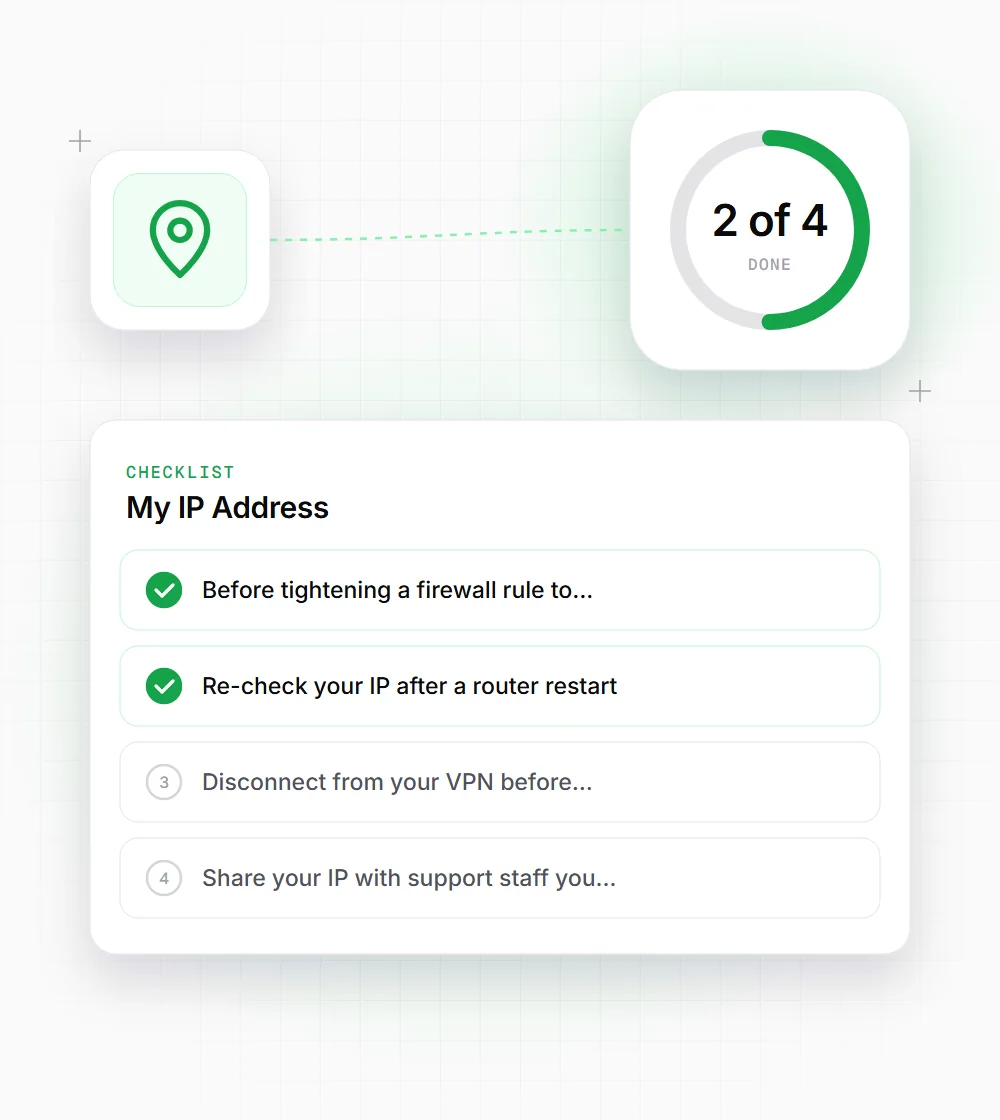 My IP Address tips illustration: a checklist card that starts with "Before tightening a firewall rule to" and "Re-check your IP after a router restart"