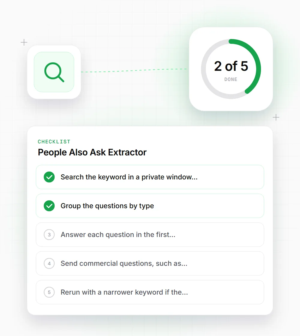 People Also Ask Extractor tips illustration: a checklist card that starts with "Search the keyword in a private window" and "Group the questions by type"