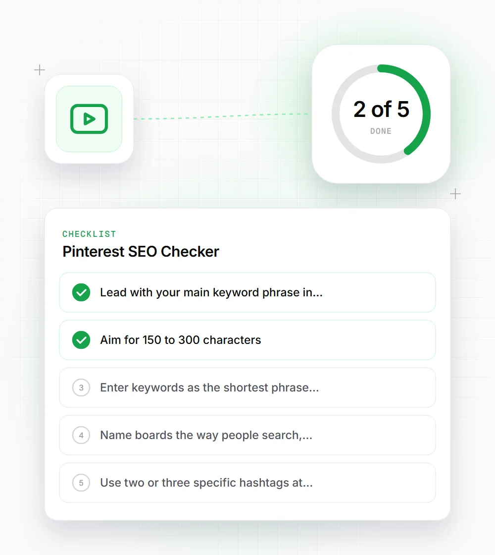 Pinterest SEO Checker tips illustration: a checklist card that starts with "Lead with your main keyword phrase in" and "Aim for 150 to 300 characters"