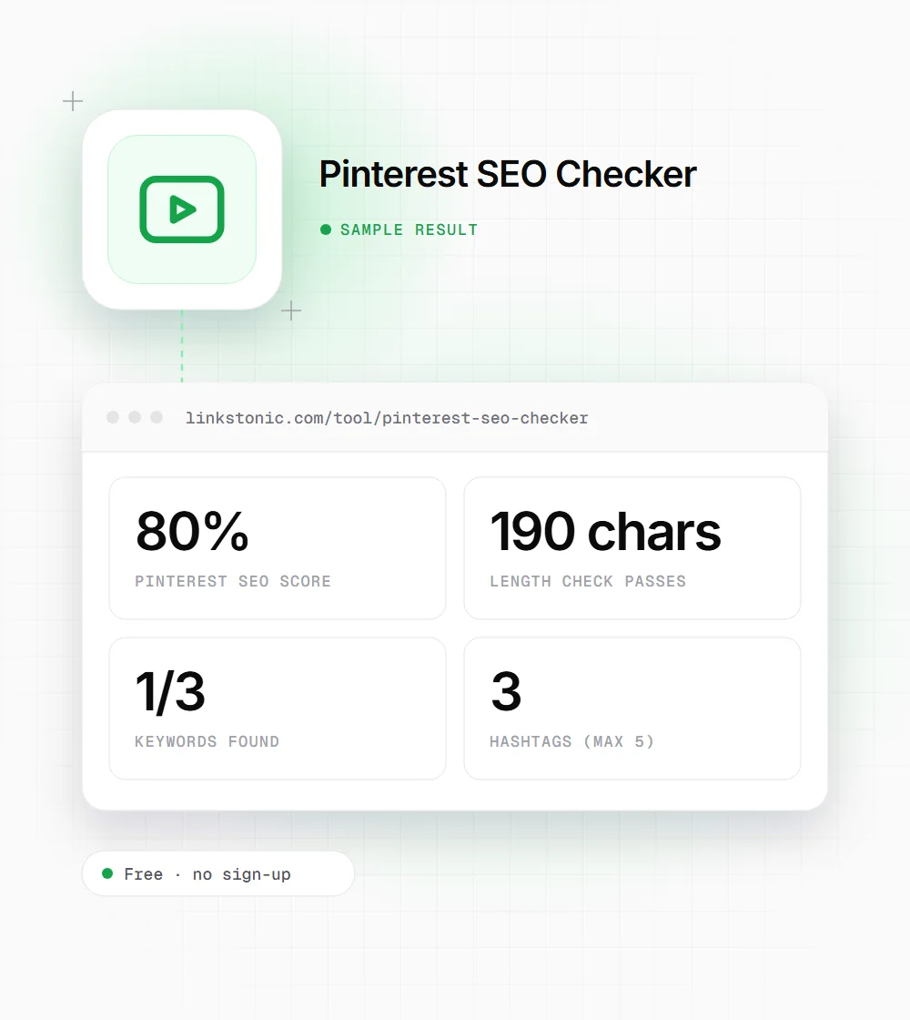 Pinterest SEO Checker illustration: a video icon next to a sample result card showing 80% pinterest SEO score and 190 chars length check passes