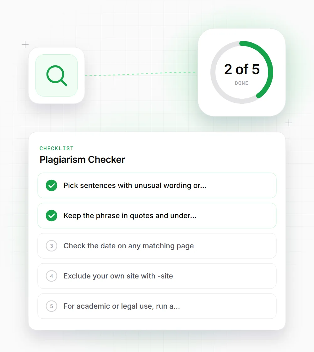 Plagiarism Checker tips illustration: a checklist card that starts with "Pick sentences with unusual wording or" and "Keep the phrase in quotes and under"