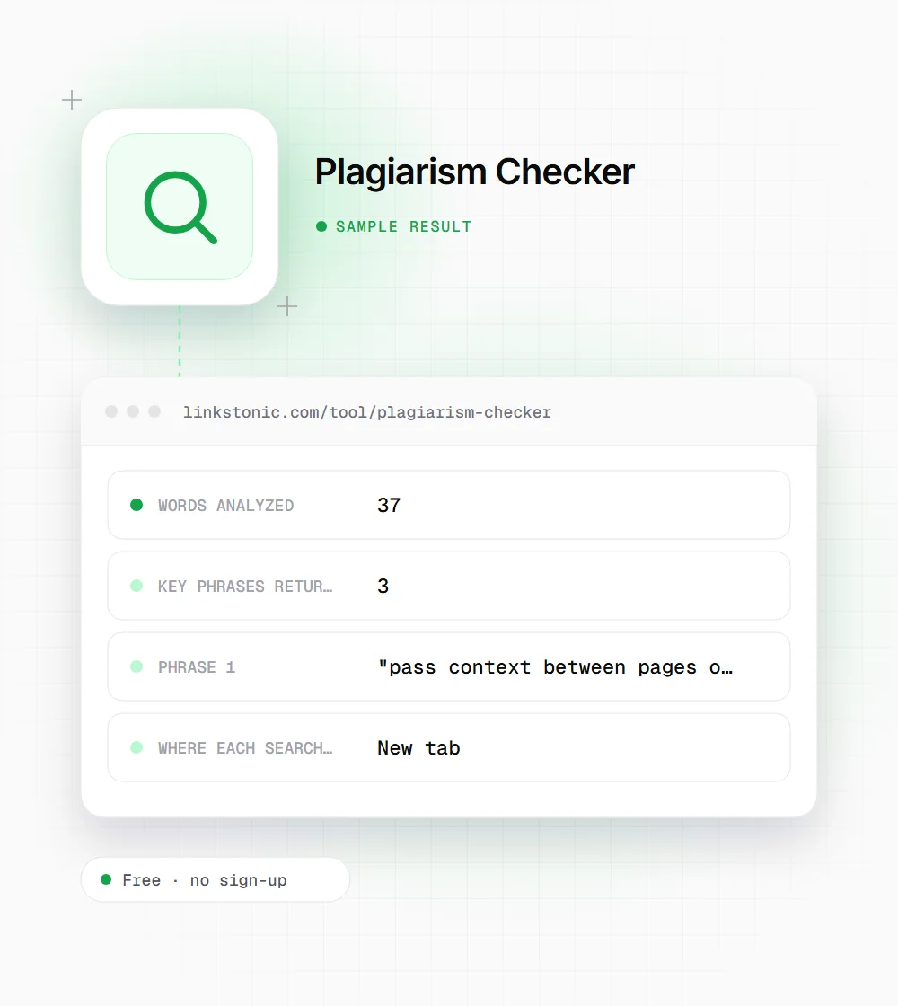 Plagiarism Checker illustration: a magnifying glass icon next to a sample result card with words analyzed and key phrases returned rows
