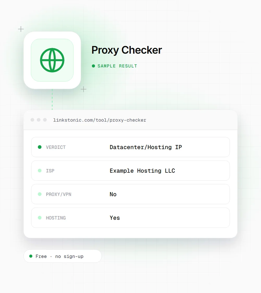 Proxy Checker illustration: a globe icon next to a sample result card with verdict and ISP rows