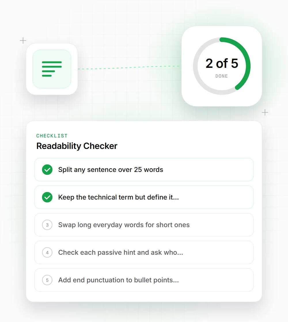 Readability Checker tips illustration: a checklist card that starts with "Split any sentence over 25 words" and "Keep the technical term but define it"