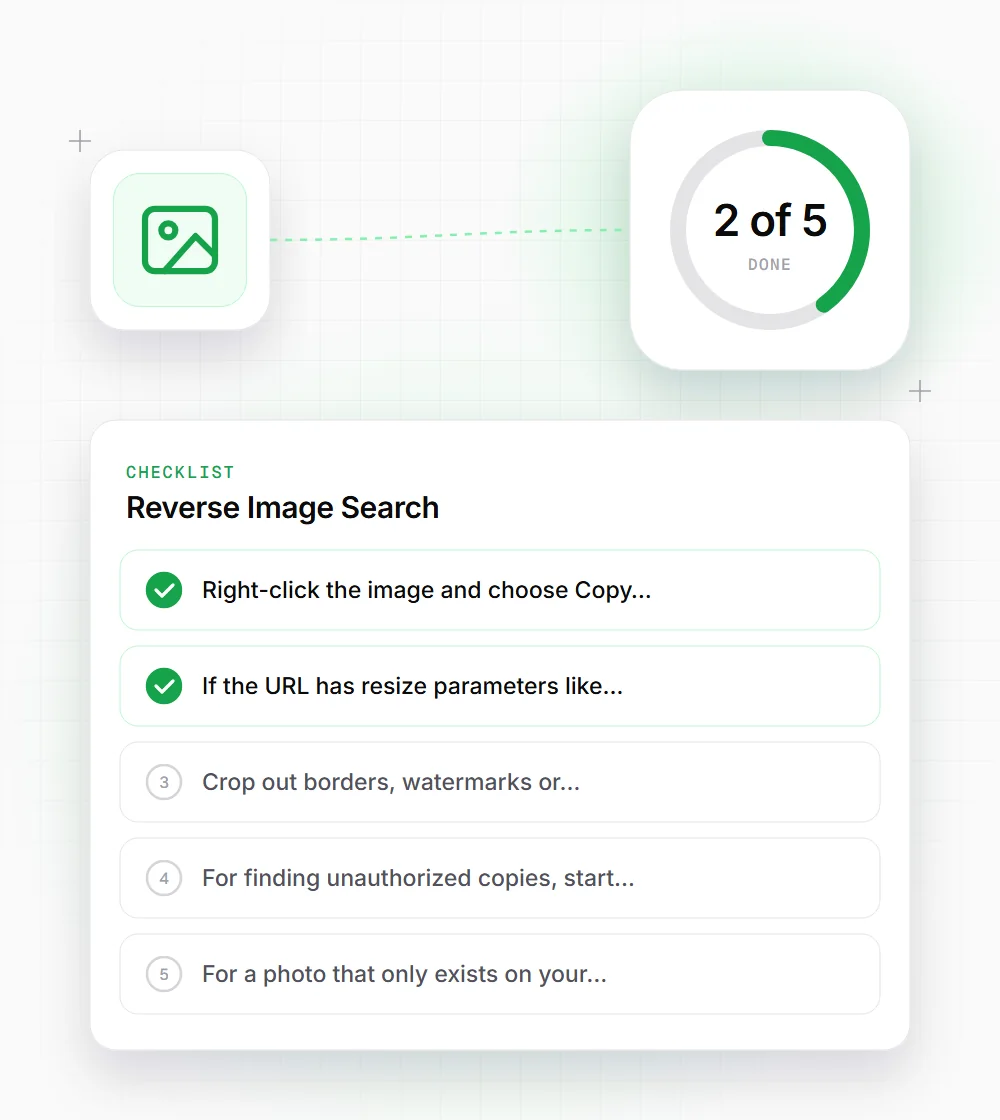 Reverse Image Search tips illustration: a checklist card that starts with "Right-click the image and choose Copy" and "If the URL has resize parameters like"