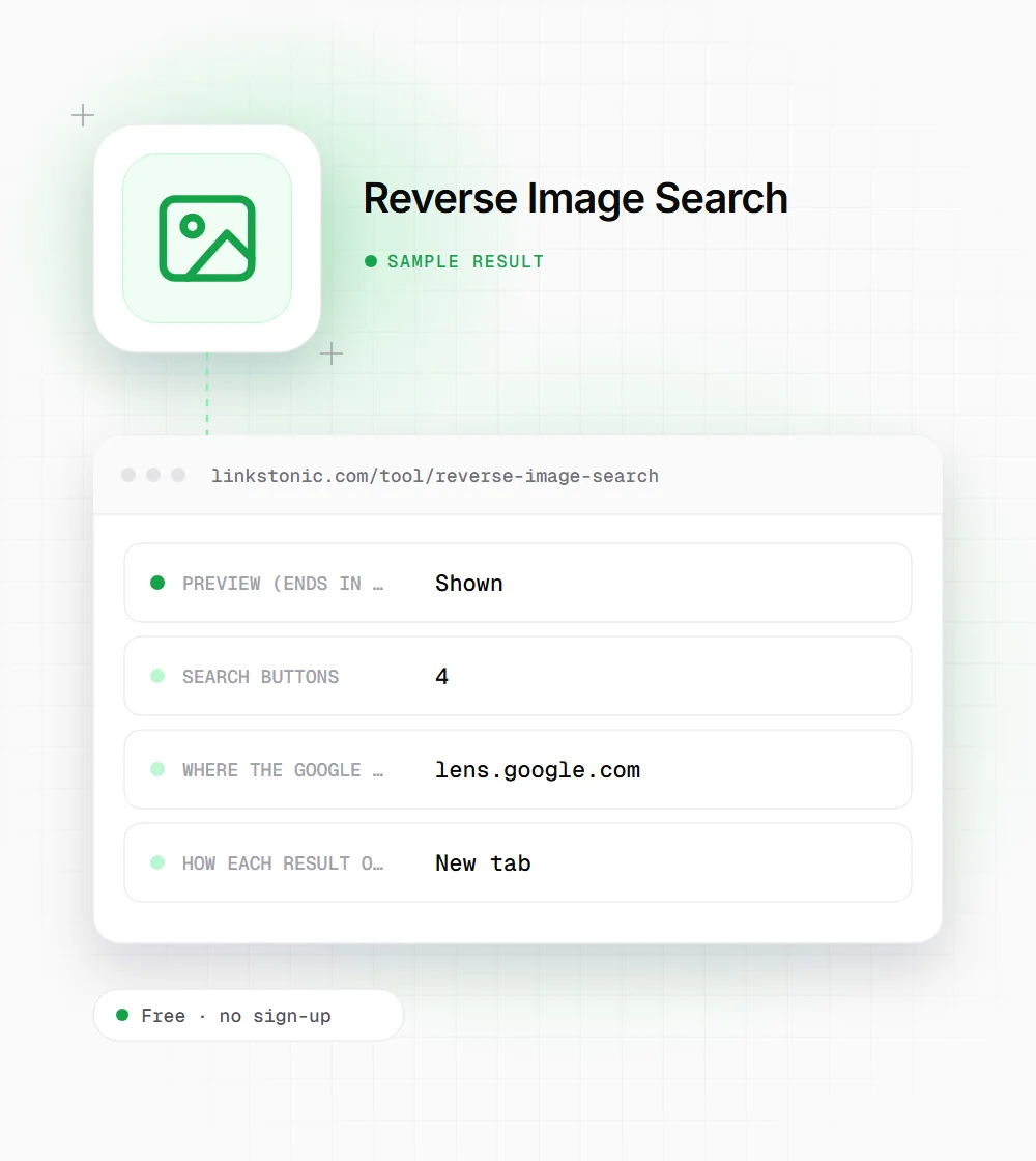 Reverse Image Search illustration: a image icon next to a sample result card with preview and search buttons rows