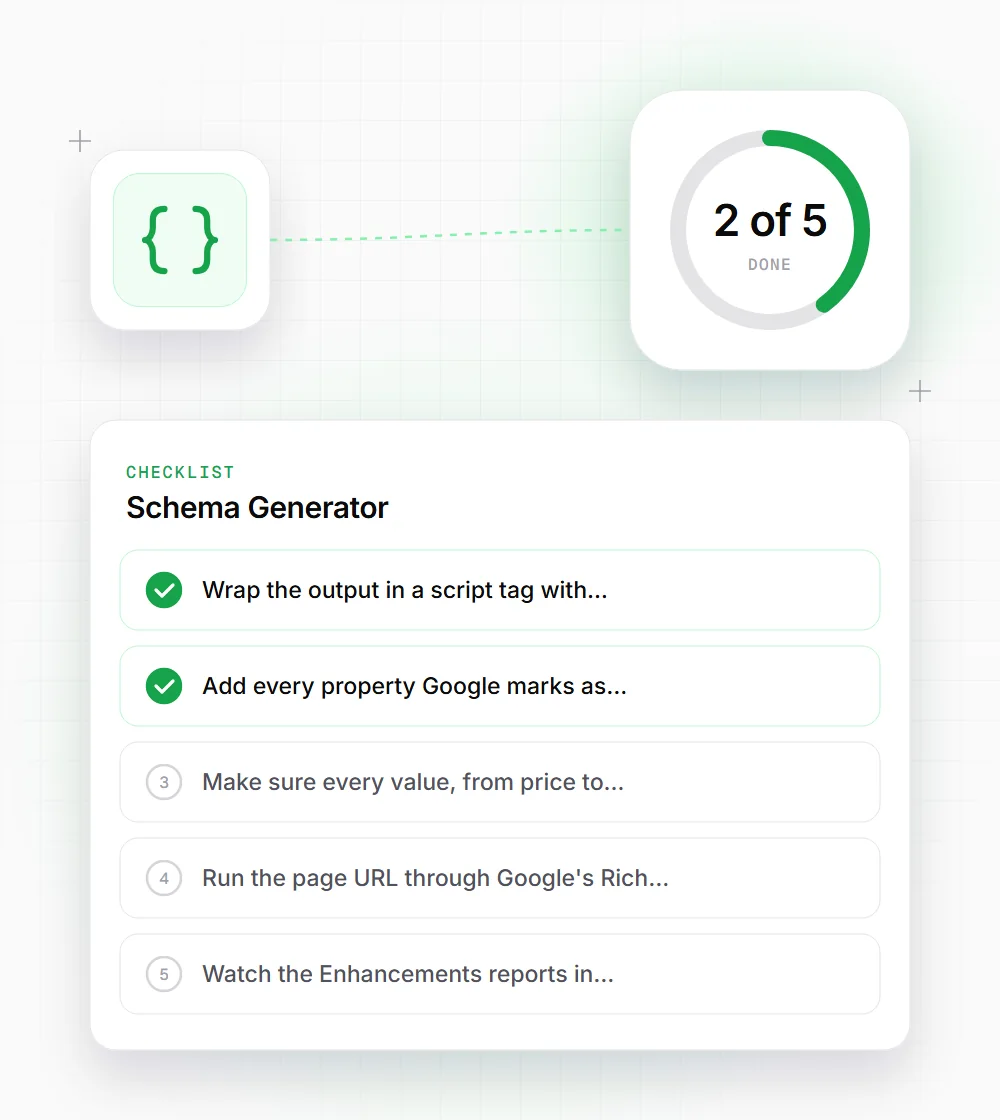 Schema Generator tips illustration: a checklist card that starts with "Wrap the output in a script tag with" and "Add every property Google marks as"