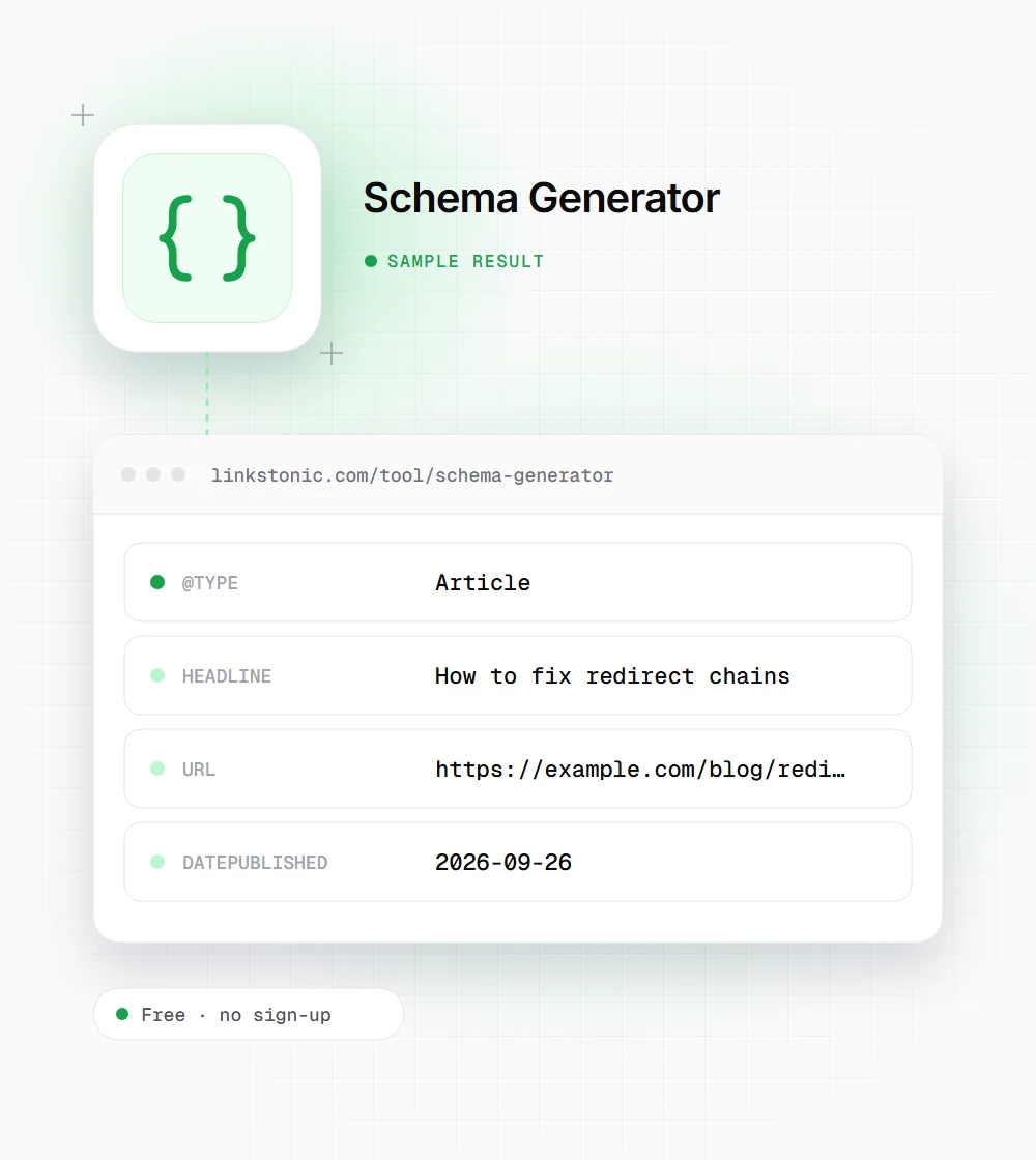 Schema Generator illustration: a curly braces icon next to a sample result card with @type and headline rows